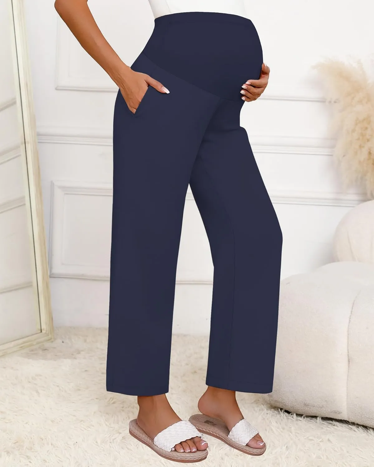 Huukeay Women's Cotton Linen Maternity Pants, High Waisted Lounge Pregnancy Pants Over The Belly Trousers with Pockets