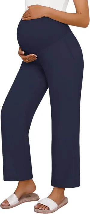 Huukeay Women's Cotton Linen Maternity Pants, High Waisted Lounge Pregnancy Pants Over The Belly Trousers with Pockets