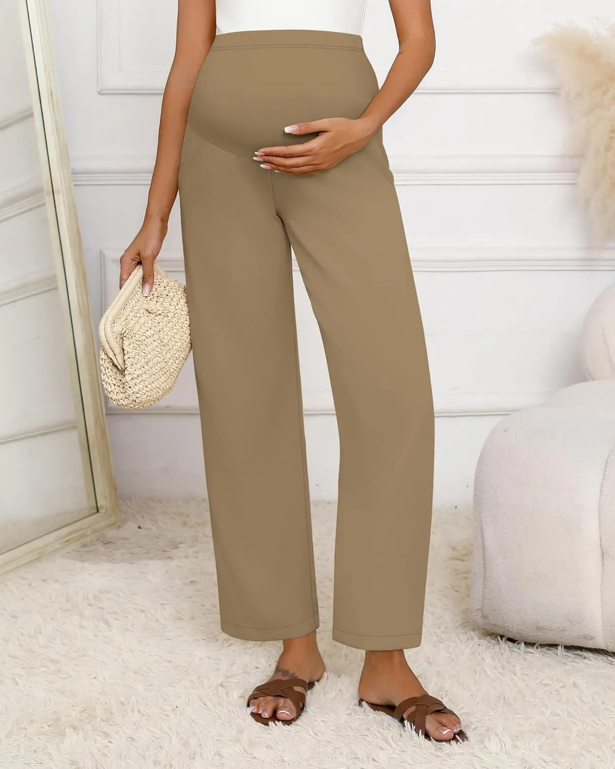 Huukeay Women's Cotton Linen Maternity Pants, High Waisted Lounge Pregnancy Pants Over The Belly Trousers with Pockets