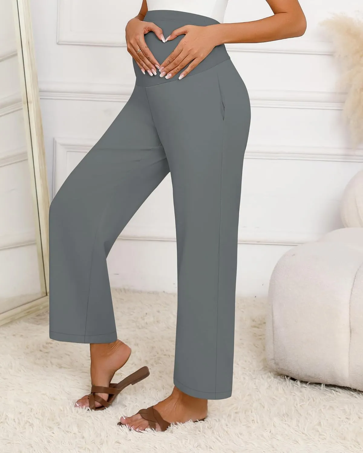 Huukeay Women's Cotton Linen Maternity Pants, High Waisted Lounge Pregnancy Pants Over The Belly Trousers with Pockets