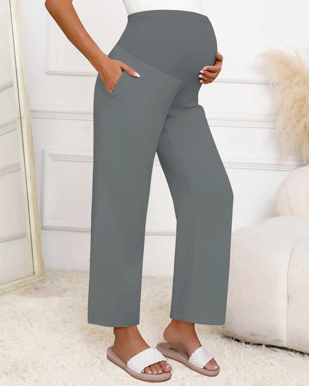 Huukeay Women's Cotton Linen Maternity Pants, High Waisted Lounge Pregnancy Pants Over The Belly Trousers with Pockets