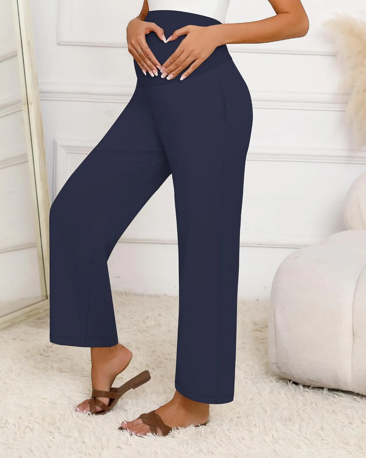 Huukeay Women's Cotton Linen Maternity Pants, High Waisted Lounge Pregnancy Pants Over The Belly Trousers with Pockets