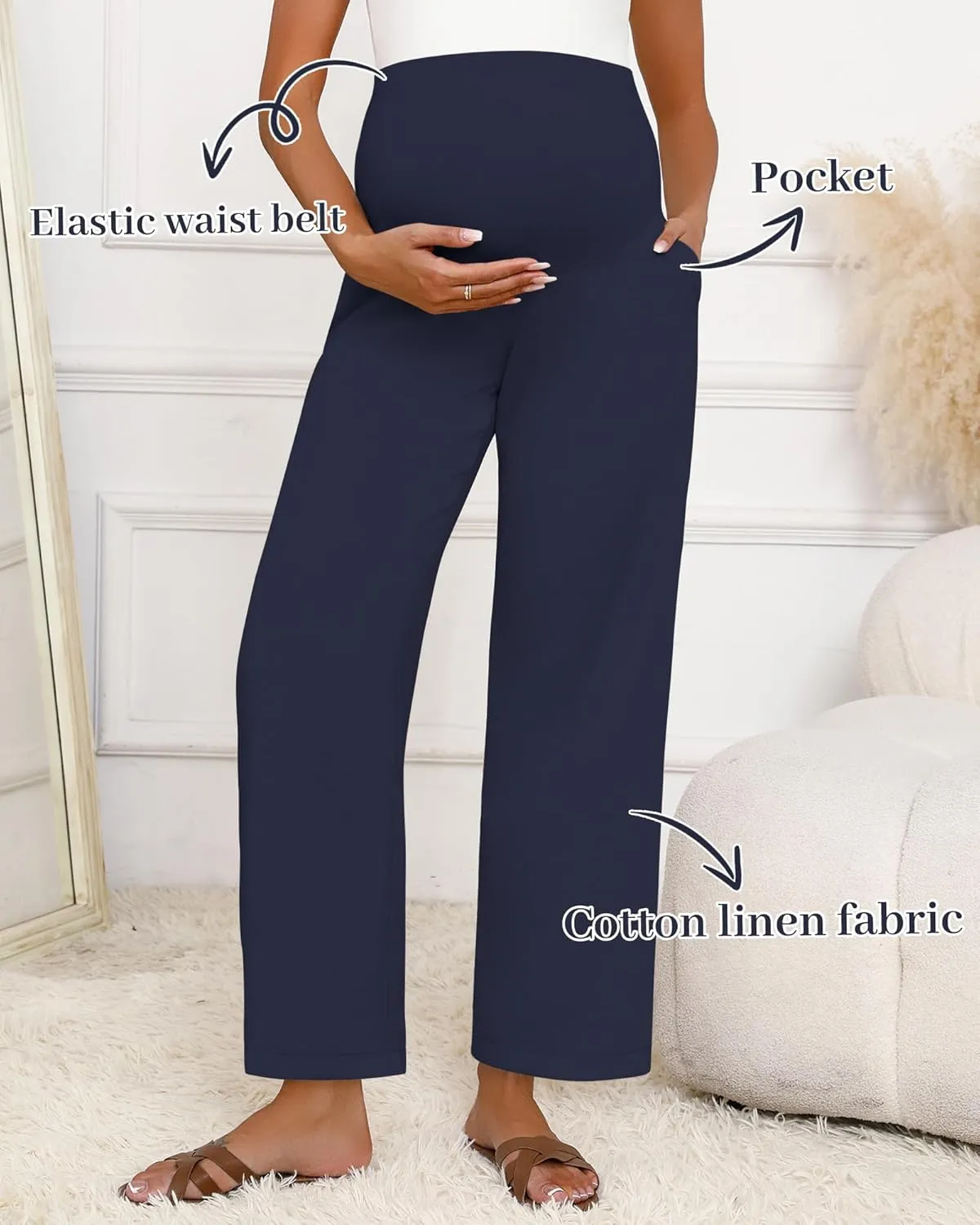 Huukeay Women's Cotton Linen Maternity Pants, High Waisted Lounge Pregnancy Pants Over The Belly Trousers with Pockets
