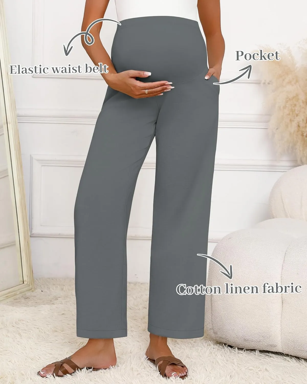 Huukeay Women's Cotton Linen Maternity Pants, High Waisted Lounge Pregnancy Pants Over The Belly Trousers with Pockets