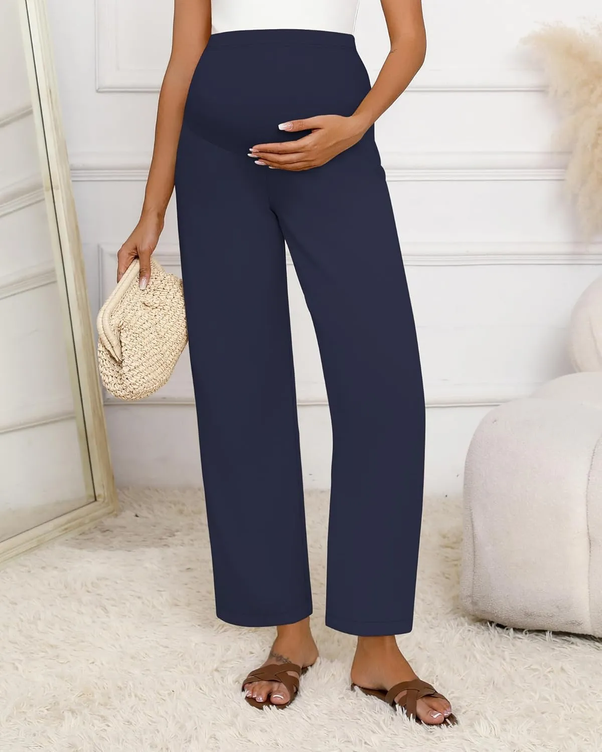 Huukeay Women's Cotton Linen Maternity Pants, High Waisted Lounge Pregnancy Pants Over The Belly Trousers with Pockets