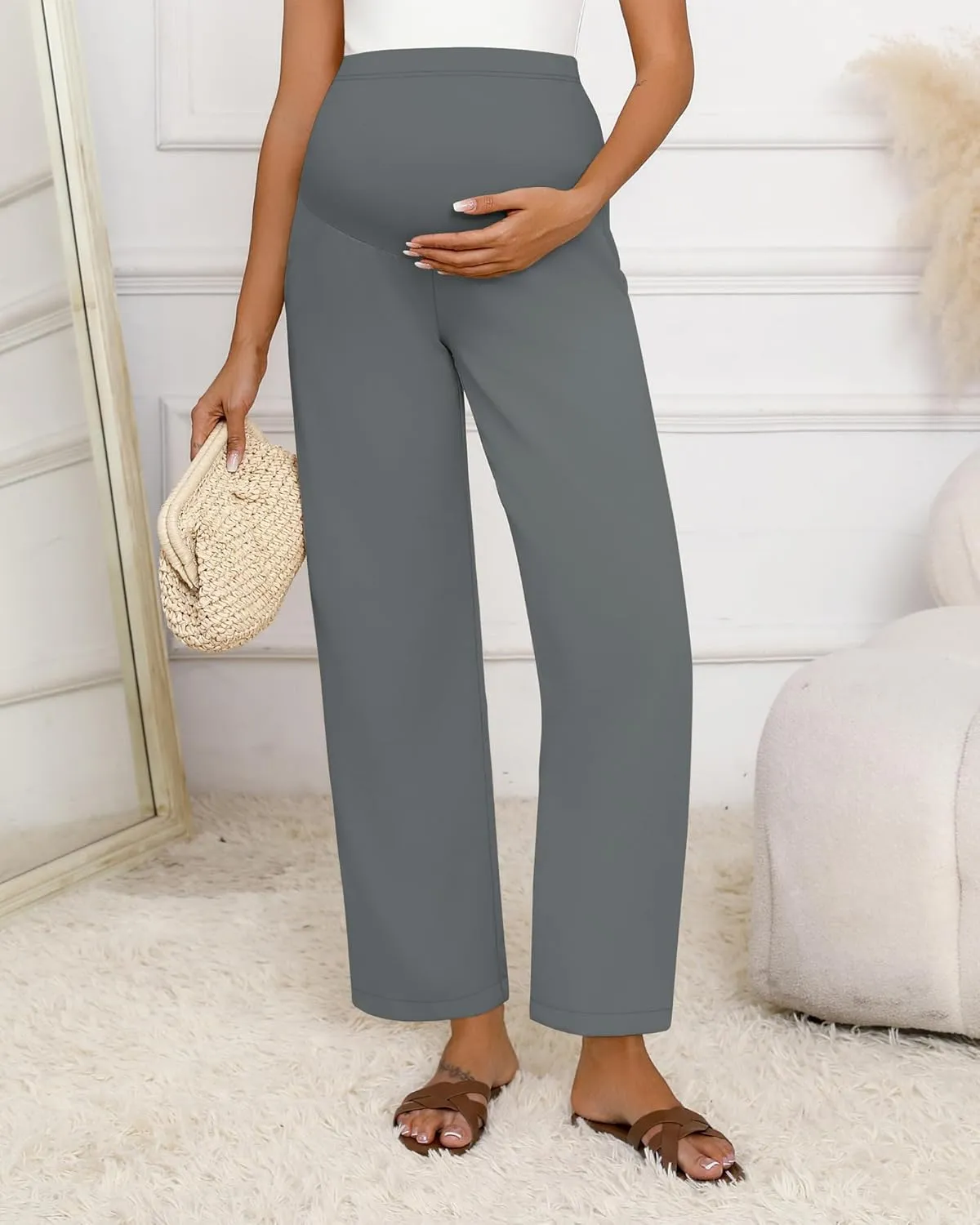 Huukeay Women's Cotton Linen Maternity Pants, High Waisted Lounge Pregnancy Pants Over The Belly Trousers with Pockets