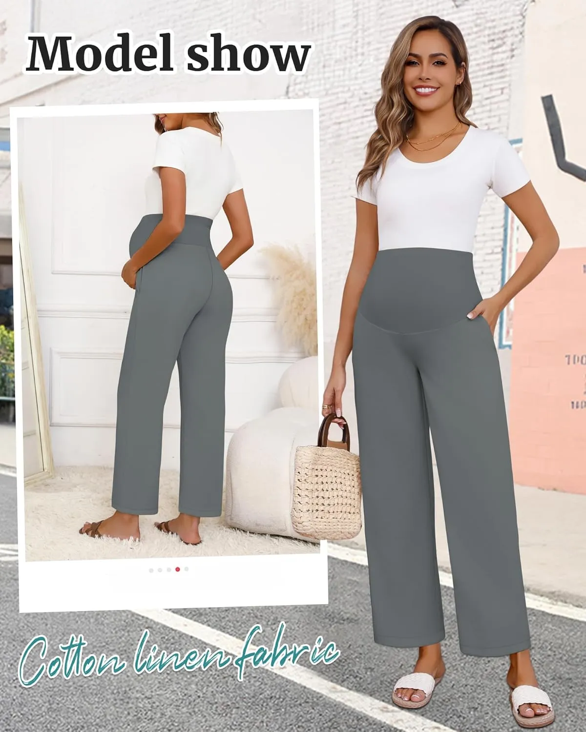 Huukeay Women's Cotton Linen Maternity Pants, High Waisted Lounge Pregnancy Pants Over The Belly Trousers with Pockets