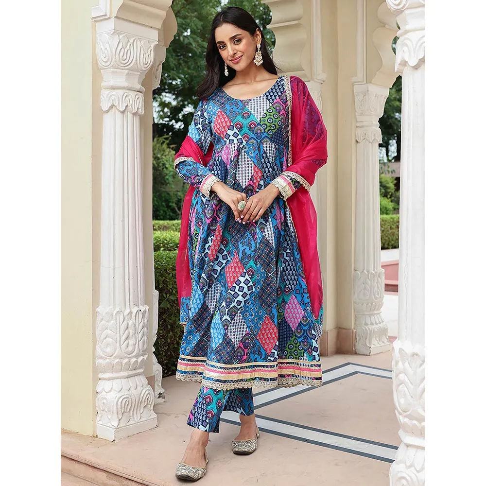 Janasya Womens Blue Cotton Ethnic Printed Kurta with Pants and Dupatta (Set of 3)