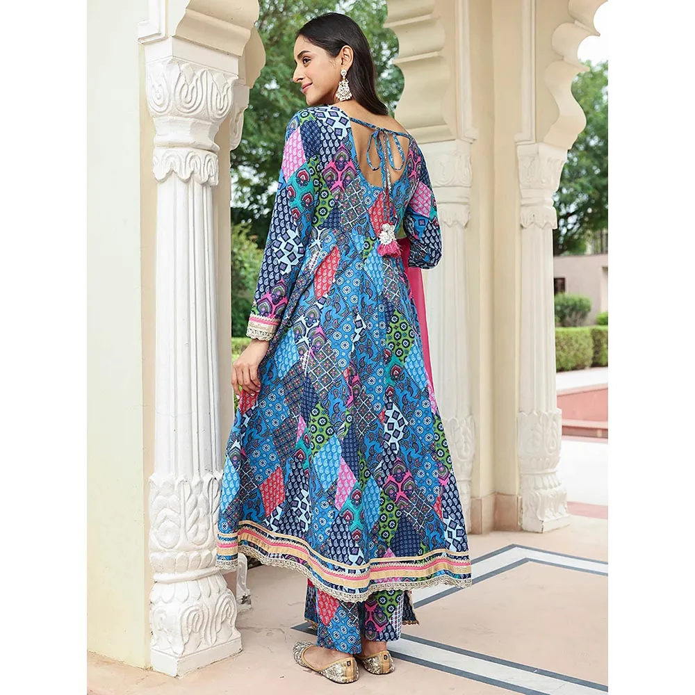 Janasya Womens Blue Cotton Ethnic Printed Kurta with Pants and Dupatta (Set of 3)