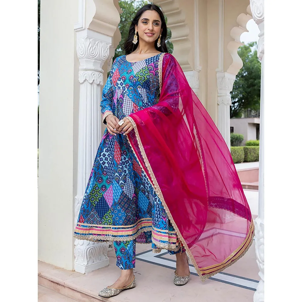 Janasya Womens Blue Cotton Ethnic Printed Kurta with Pants and Dupatta (Set of 3)