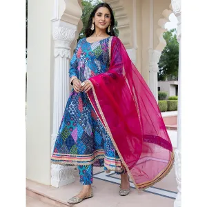 Janasya Womens Blue Cotton Ethnic Printed Kurta with Pants and Dupatta (Set of 3)