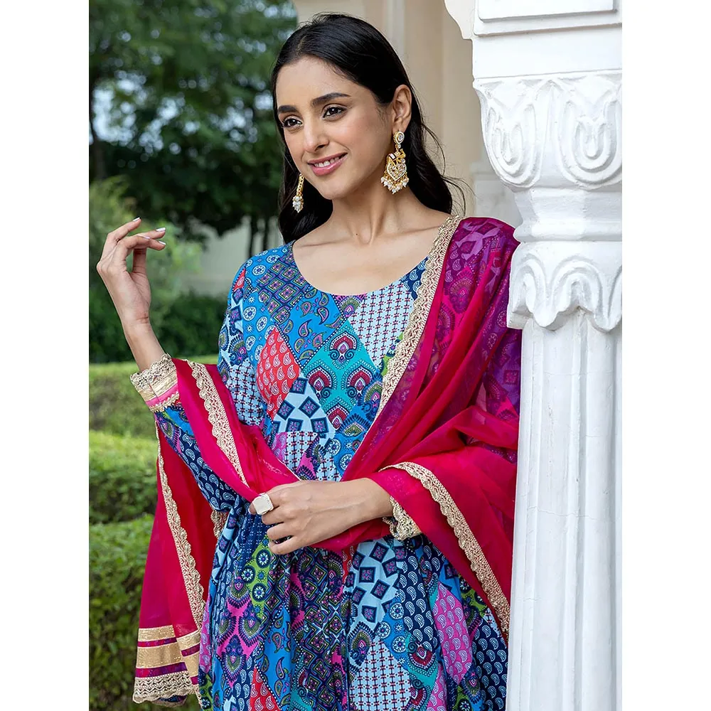 Janasya Womens Blue Cotton Ethnic Printed Kurta with Pants and Dupatta (Set of 3)