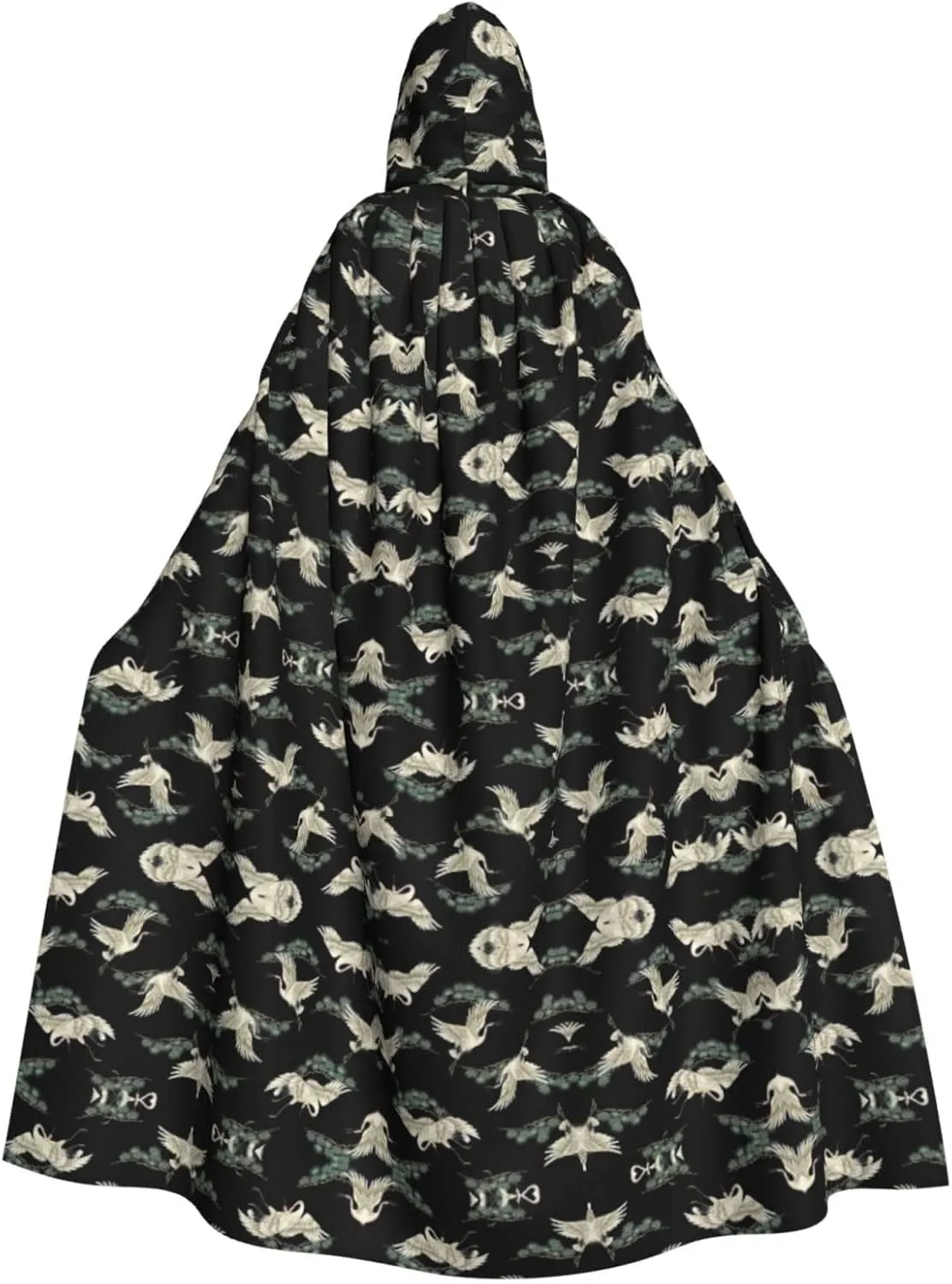 Japanese Crane & Pine Print Hooded Cloak Wizard Cape Halloween Witch Costume For Men Women Cosplay Party Capes