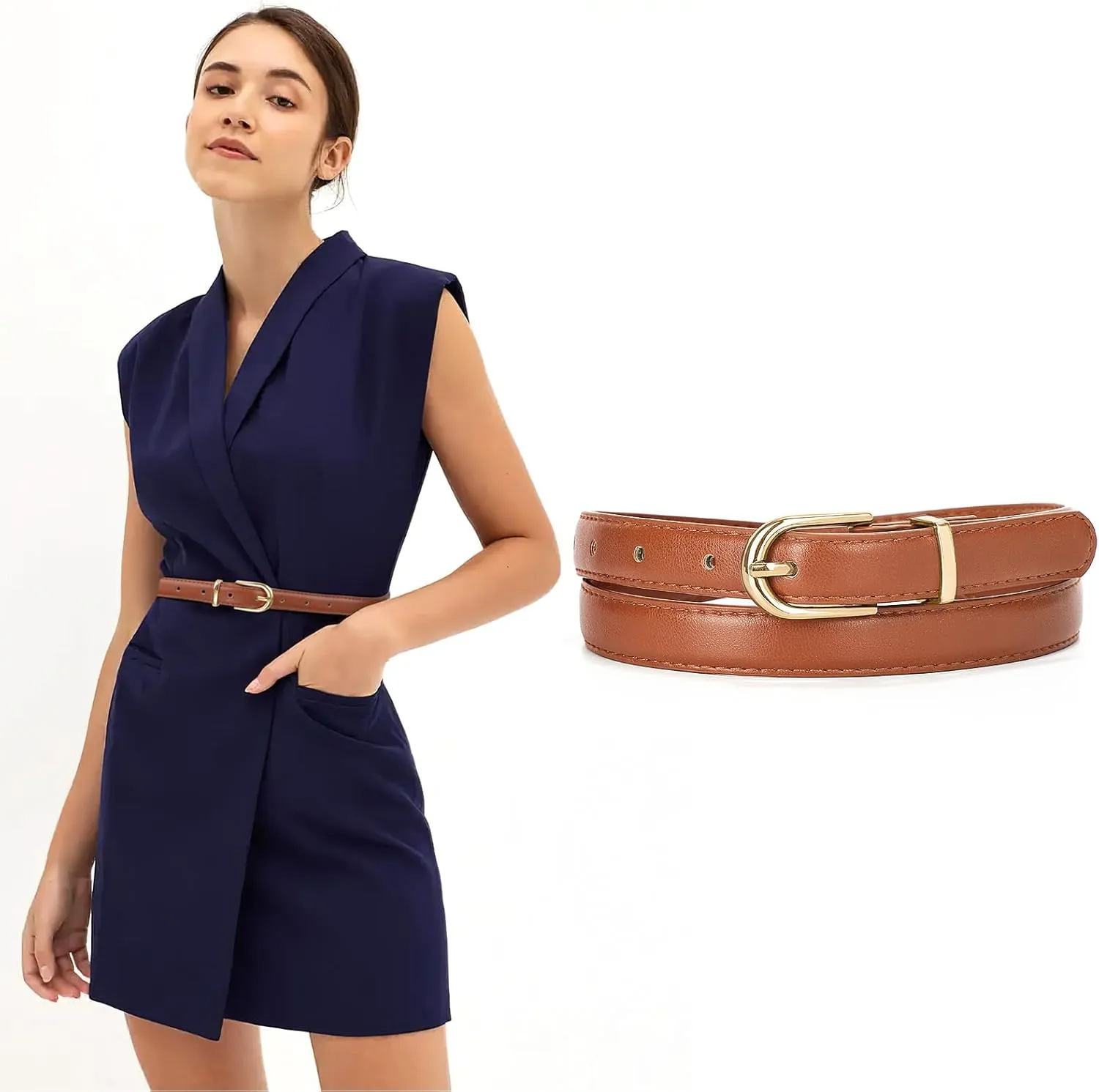 JASGOOD Womens Skinny Leather Belt Ladies Thin Faux Leather Belt with Gold/Silver Buckle for Jeans Dress Pants