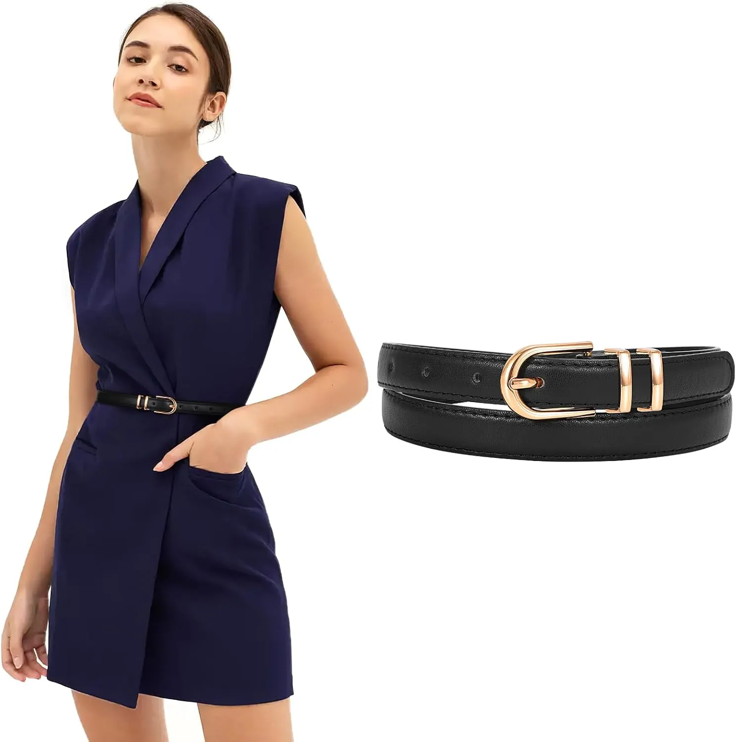 JASGOOD Womens Skinny Leather Belt Ladies Thin Faux Leather Belt with Gold/Silver Buckle for Jeans Dress Pants