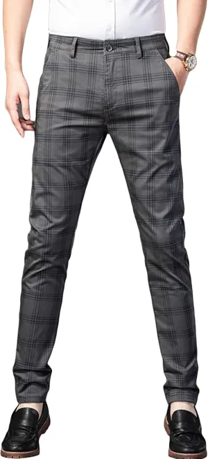 JEShifangjiusu Men's Dress Striped Plaid Pants Slim Fit Flat Front Business Trousers Cotton Stretch Suit Pants Trousers