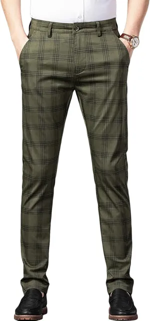 JEShifangjiusu Men's Dress Striped Plaid Pants Slim Fit Flat Front Business Trousers Cotton Stretch Suit Pants Trousers