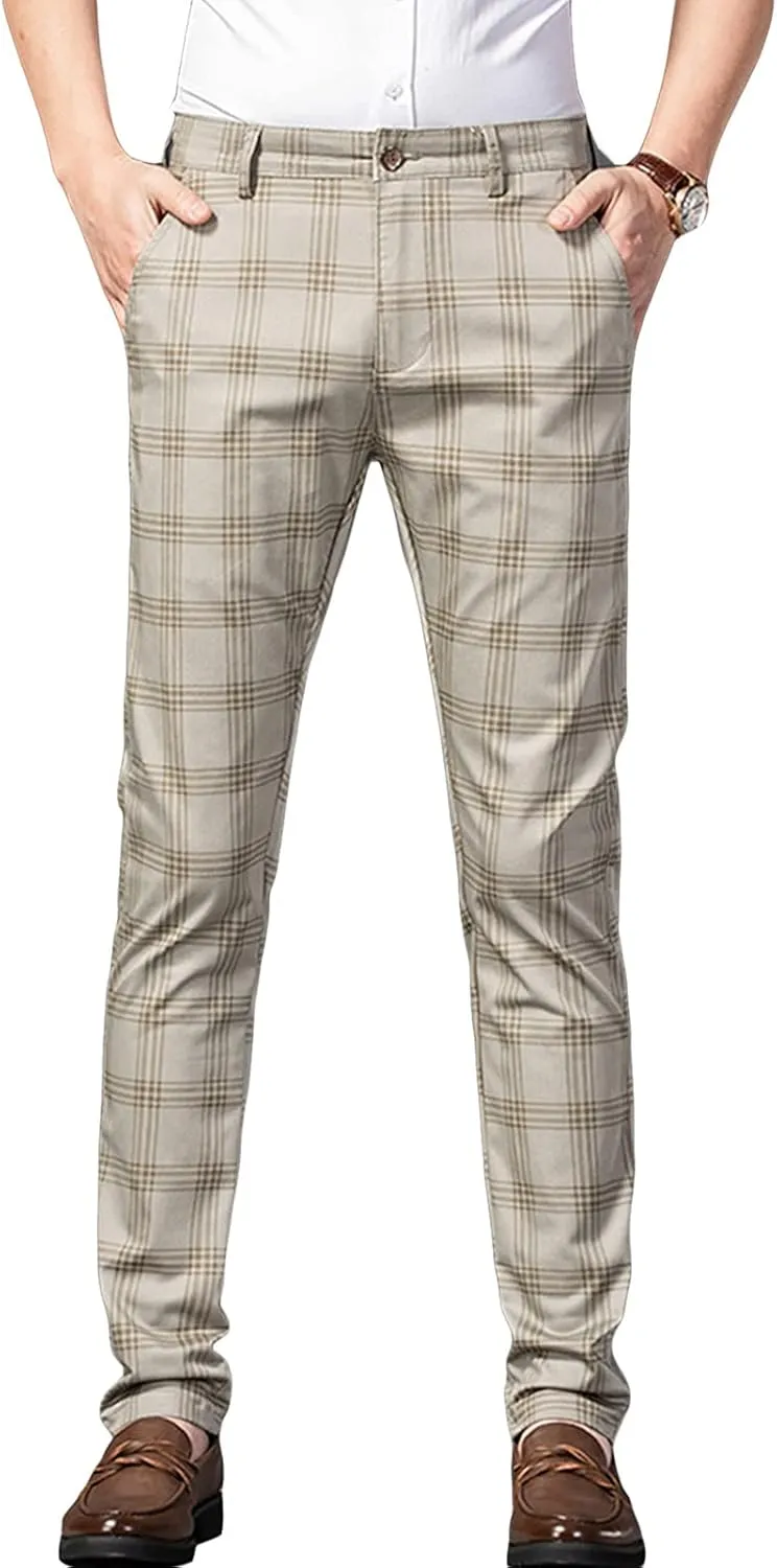 JEShifangjiusu Men's Dress Striped Plaid Pants Slim Fit Flat Front Business Trousers Cotton Stretch Suit Pants Trousers