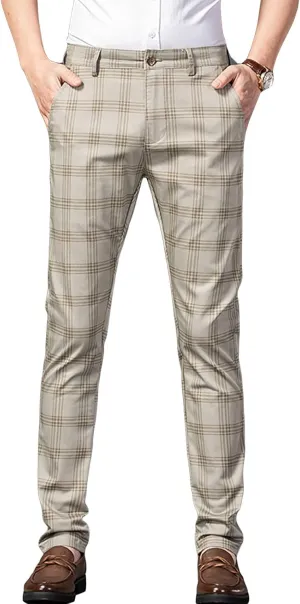 JEShifangjiusu Men's Dress Striped Plaid Pants Slim Fit Flat Front Business Trousers Cotton Stretch Suit Pants Trousers