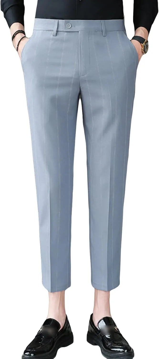 JEShifangjiusu Men's Slim Fit Dress Pants Chinos Plaid Striped Stretch Pant Flat-Front Skinny Business Pencil Long Pants (29,Grey), Grey, 29