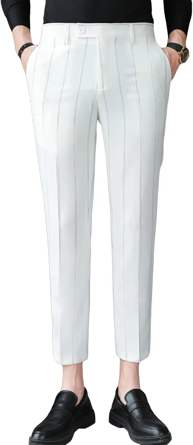 JEShifangjiusu Men's Slim Fit Dress Pants Chinos Plaid Striped Stretch Pant Flat-Front Skinny Business Pencil Long Pants (29,White), White, 29