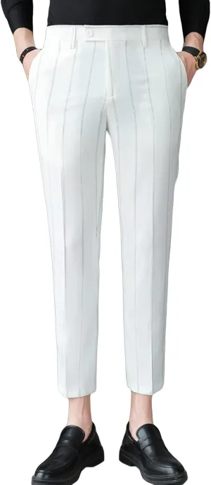 JEShifangjiusu Men's Slim Fit Dress Pants Chinos Plaid Striped Stretch Pant Flat-Front Skinny Business Pencil Long Pants (29,White), White, 29