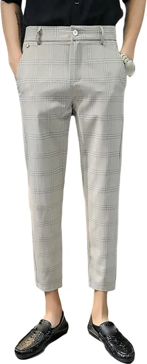 JEShifangjiusu Men's Slim Fit Suit Pants Chino Pants Stretch Flat-Front Dress Pants Plaid Skinny Business Casual Trousers (Large,Khaki), Khaki, Large