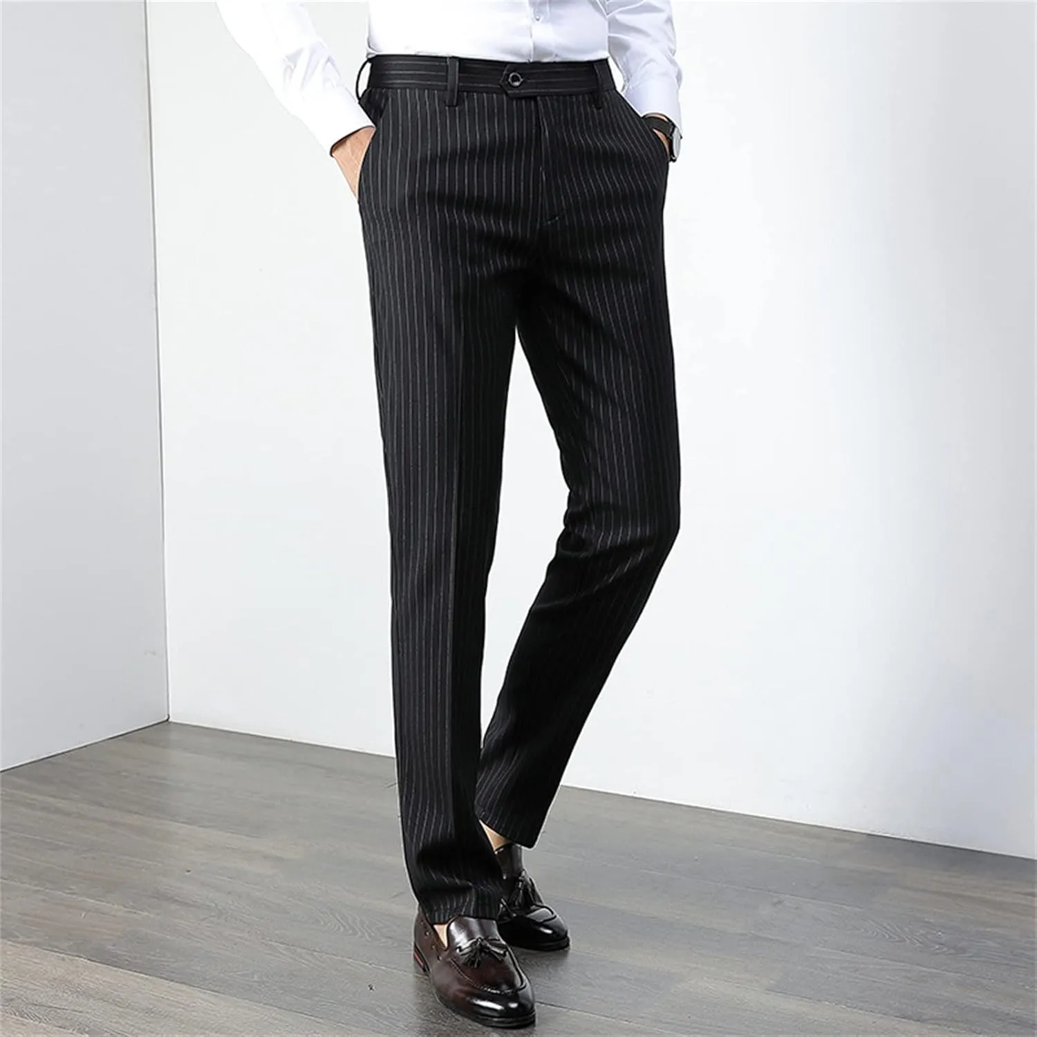 JEShifangjiusu Men's Striped Dress Pants Skinny Straight Fit Flat Front Chino Pant Business Cotton Trousers Suit Pants