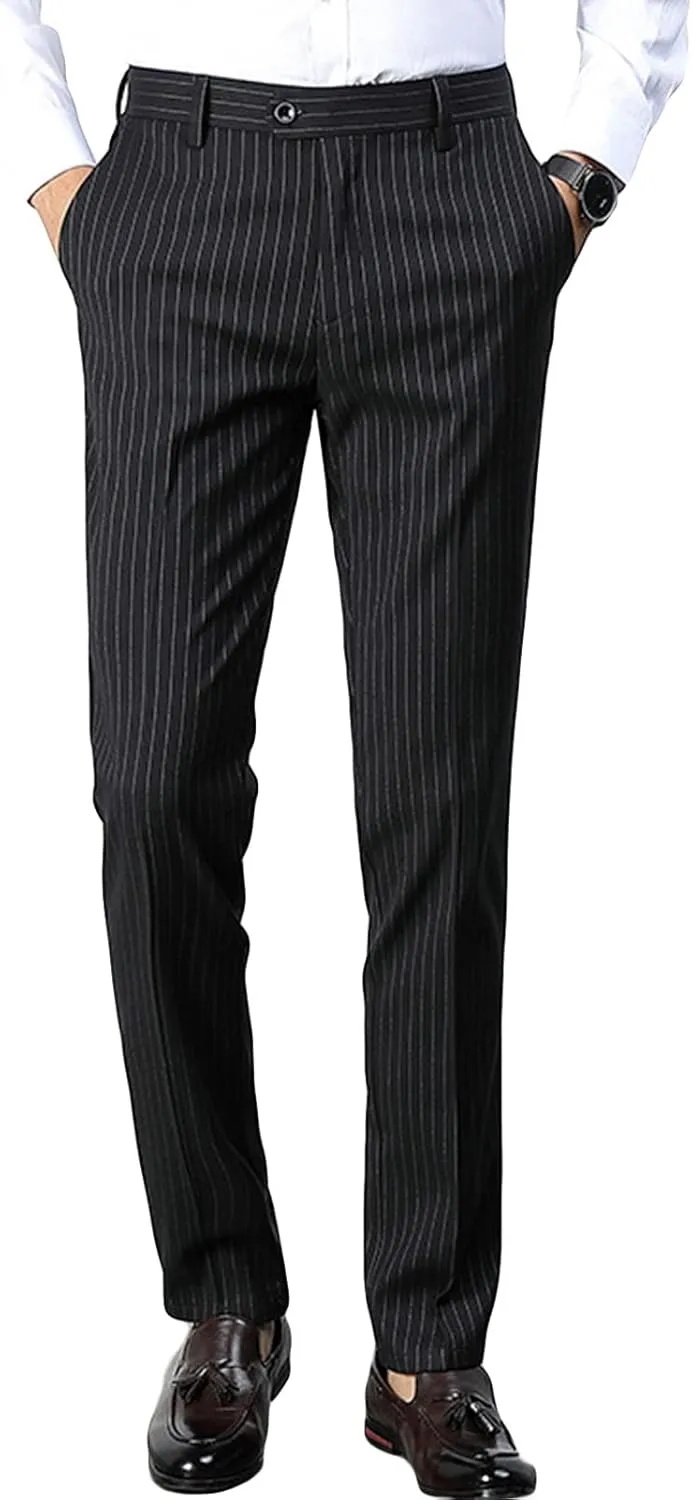 JEShifangjiusu Men's Striped Dress Pants Skinny Straight Fit Flat Front Chino Pant Business Cotton Trousers Suit Pants