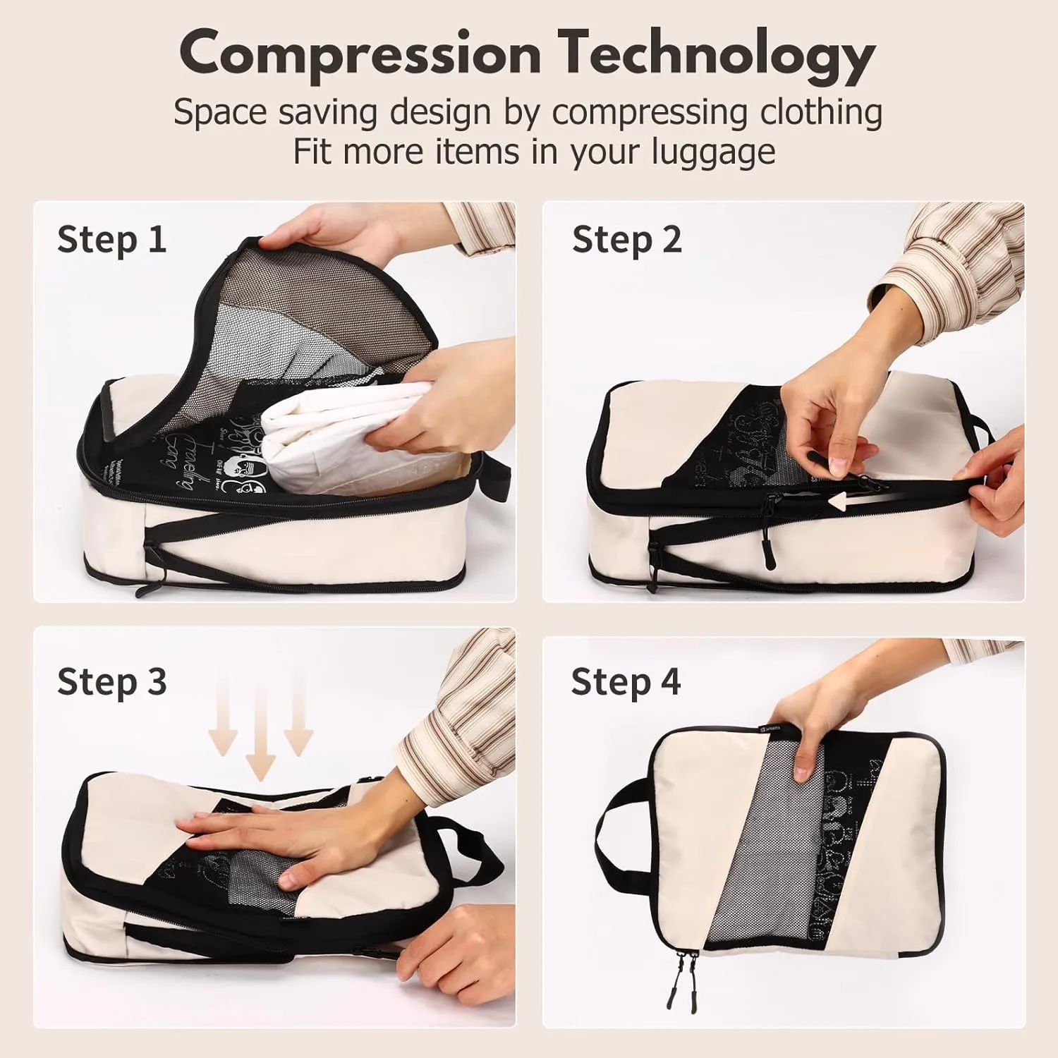 Jetsetta Extra Large Compression Packing Cubes with Mesh, Expandable Suitcase and Luggage travel packing cubes set for Travel AccessoriesCream 4 Set)