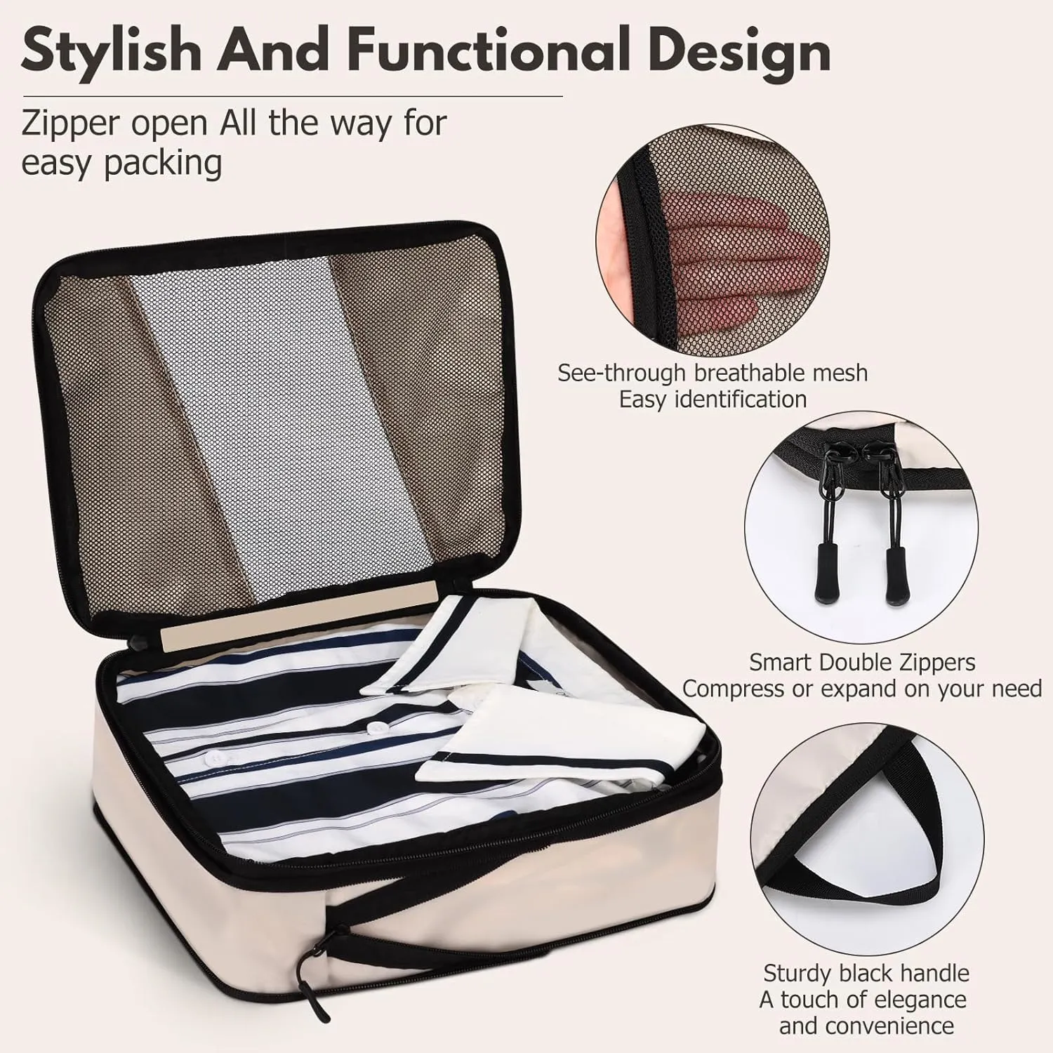 Jetsetta Extra Large Compression Packing Cubes with Mesh, Expandable Suitcase and Luggage travel packing cubes set for Travel AccessoriesCream 4 Set)