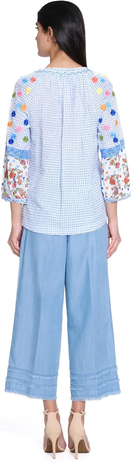 john mark Women's Pull on Wide Leg Pant with Pockets and Frayed Details