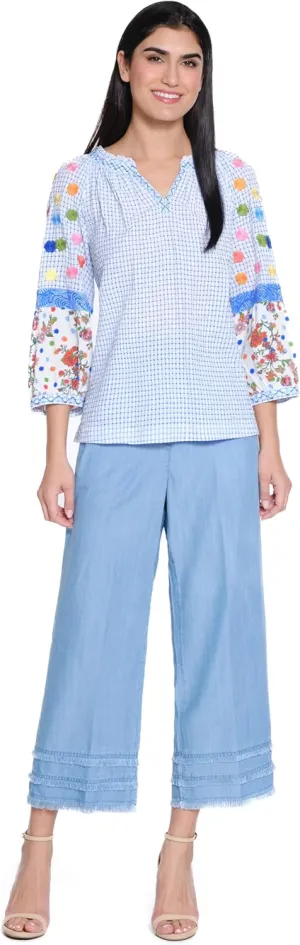 john mark Women's Pull on Wide Leg Pant with Pockets and Frayed Details
