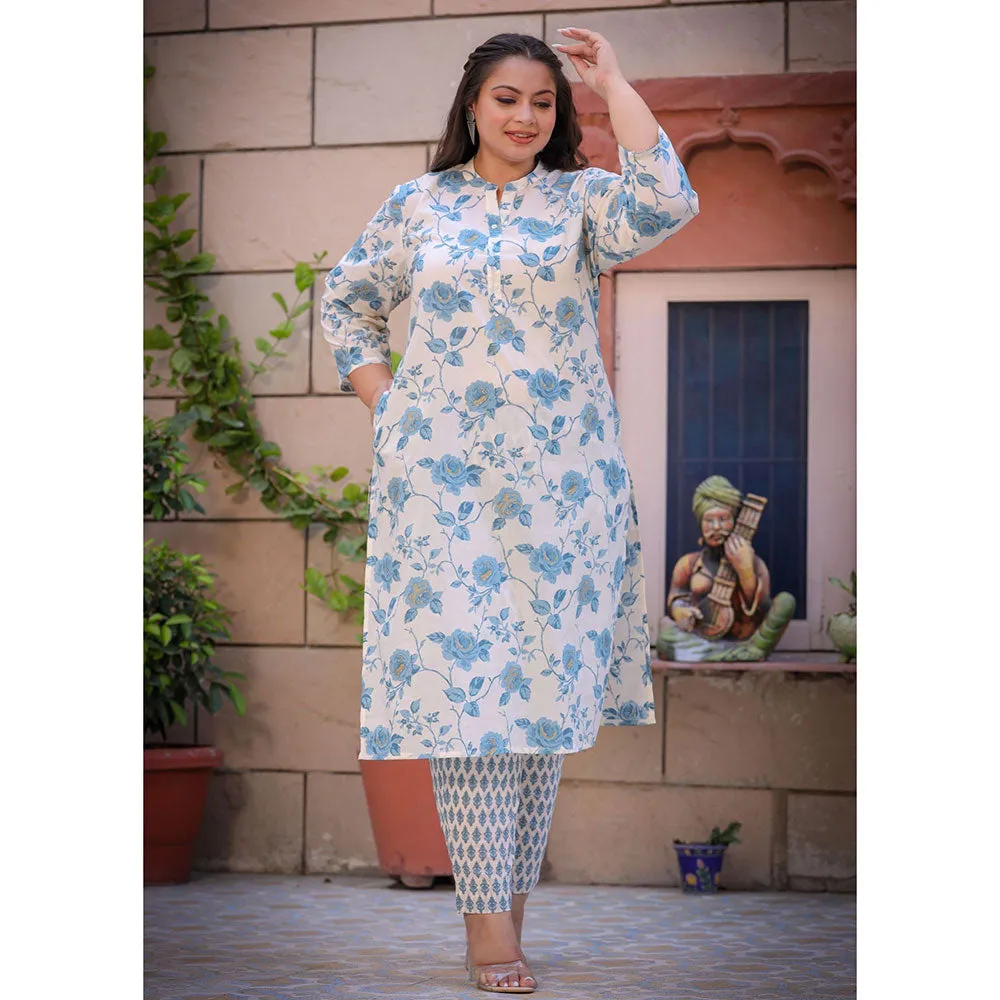 KAAJH Plus Size Blue Floral Print Cotton Kurta and Pant (Set of 2)