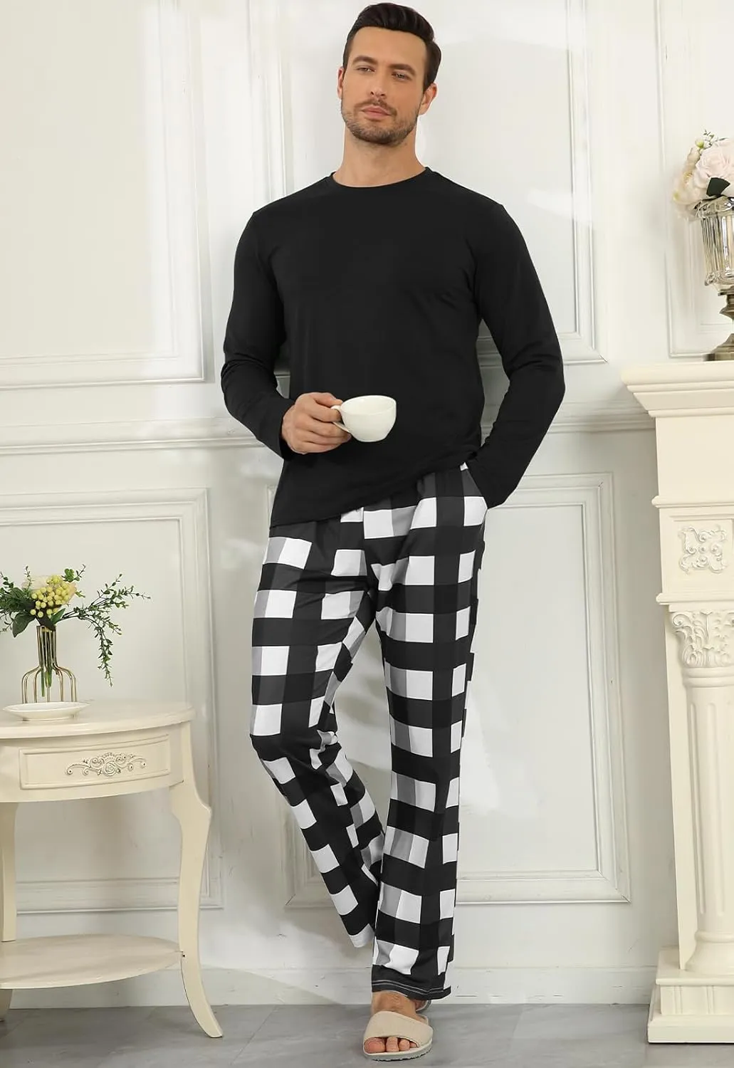 KUYIGO Men 2 Piece Pajamas Set Plaid Sleepwear Loungewear Relaxed Fit Nightwear PJ Sets