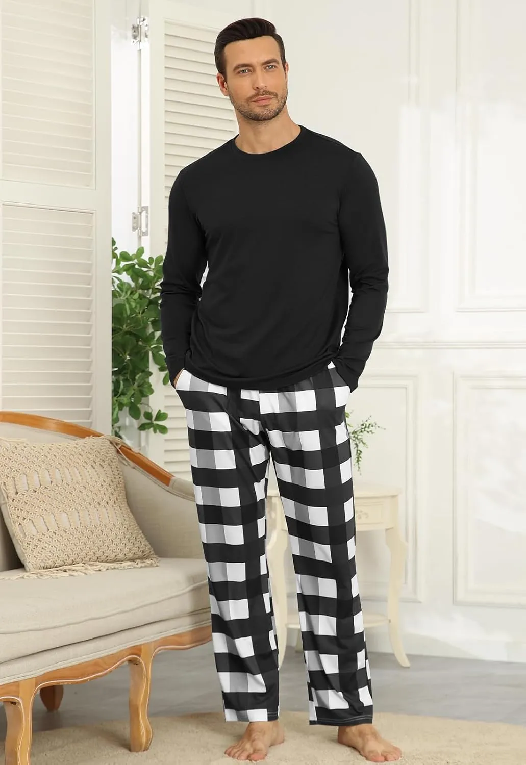 KUYIGO Men 2 Piece Pajamas Set Plaid Sleepwear Loungewear Relaxed Fit Nightwear PJ Sets