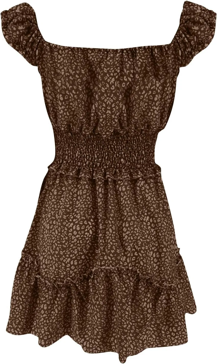 Ladies Sexy Floral Dresses Ruffle Summer Mini Loose Fit 2025 Short Sleeve Beach Daily Sundress with Tie Party Dress