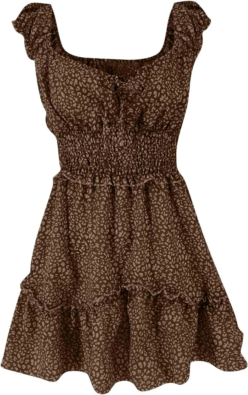 Ladies Sexy Floral Dresses Ruffle Summer Mini Loose Fit 2025 Short Sleeve Beach Daily Sundress with Tie Party Dress