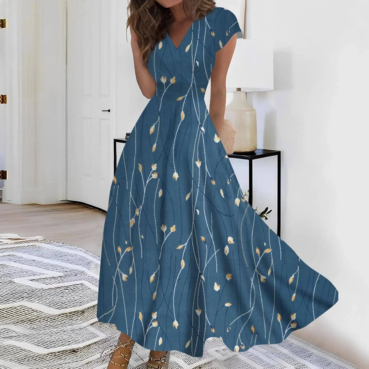 Ladies Sexy Vintage Dresses Bohemian Summer Maxi Loose Fit 2025 V Neck Short Sleeve Daily A Line Loose Fit Party Dress