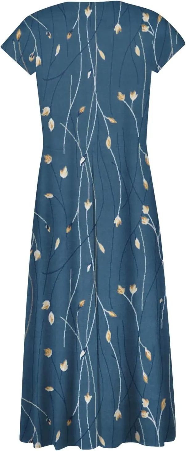 Ladies Sexy Vintage Dresses Bohemian Summer Maxi Loose Fit 2025 V Neck Short Sleeve Daily A Line Loose Fit Party Dress