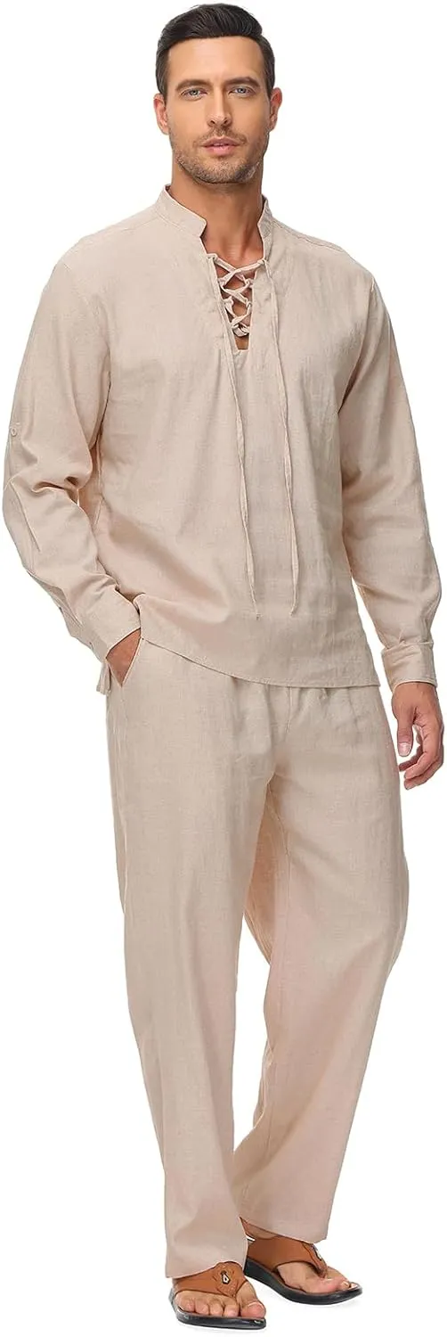 Lamgool Mens 2 Pieces Cotton Linen Set Long Sleeve Shirts Casual Drawstring Yoga Pants Summer Beach Wedding Outfits