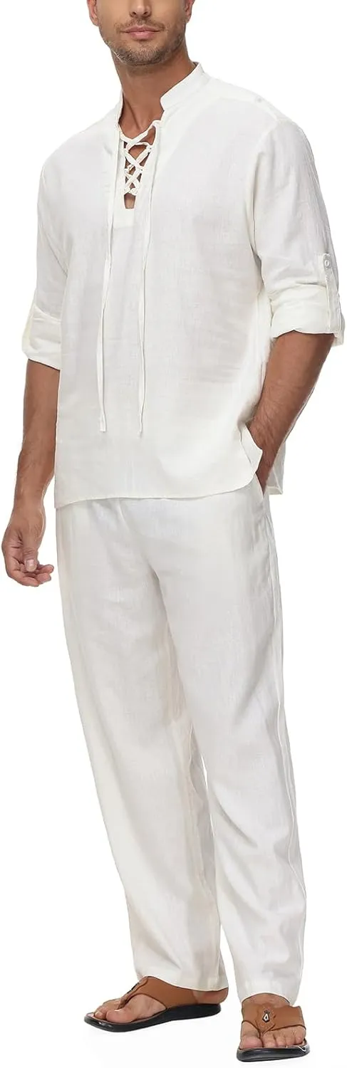 Lamgool Mens 2 Pieces Cotton Linen Set Long Sleeve Shirts Casual Drawstring Yoga Pants Summer Beach Wedding Outfits