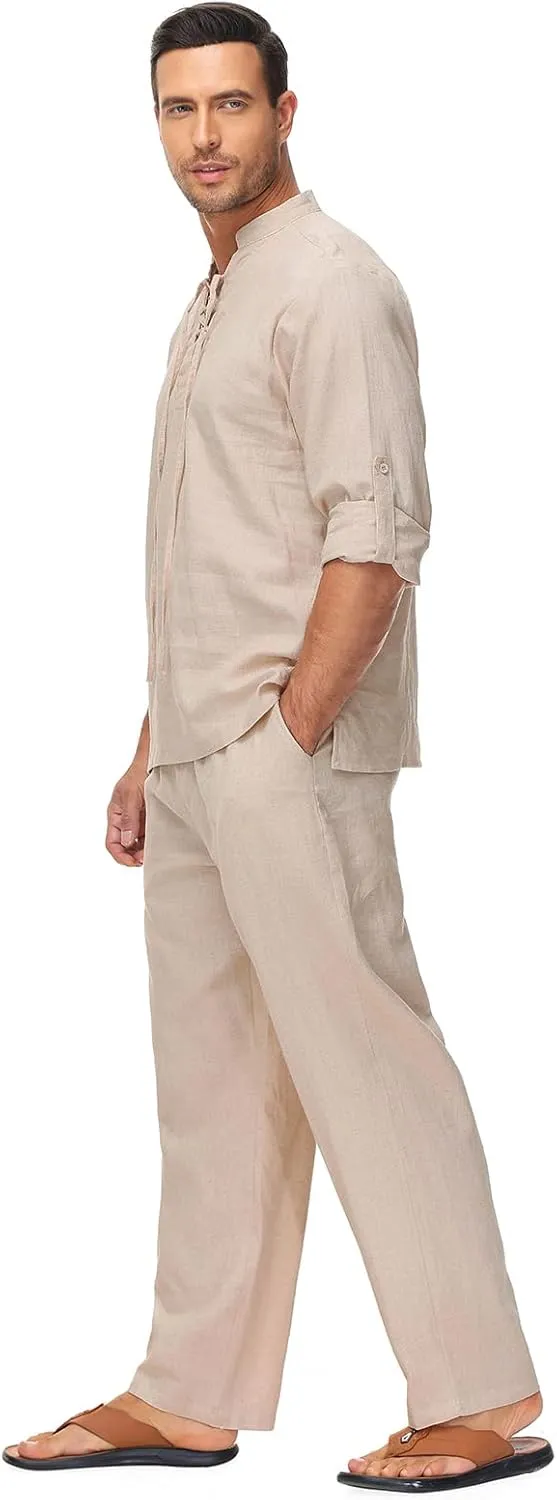 Lamgool Mens 2 Pieces Cotton Linen Set Long Sleeve Shirts Casual Drawstring Yoga Pants Summer Beach Wedding Outfits