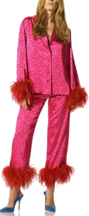 LILTWIST Feather Trim Pajamas for Women Silk Satin 2 Piece Cute Print Pjs with Fur Holiday Long Sleeve Shirt and Pj Pants Set