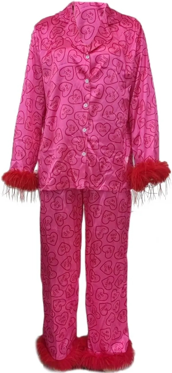 LILTWIST Feather Trim Pajamas for Women Silk Satin 2 Piece Cute Print Pjs with Fur Holiday Long Sleeve Shirt and Pj Pants Set