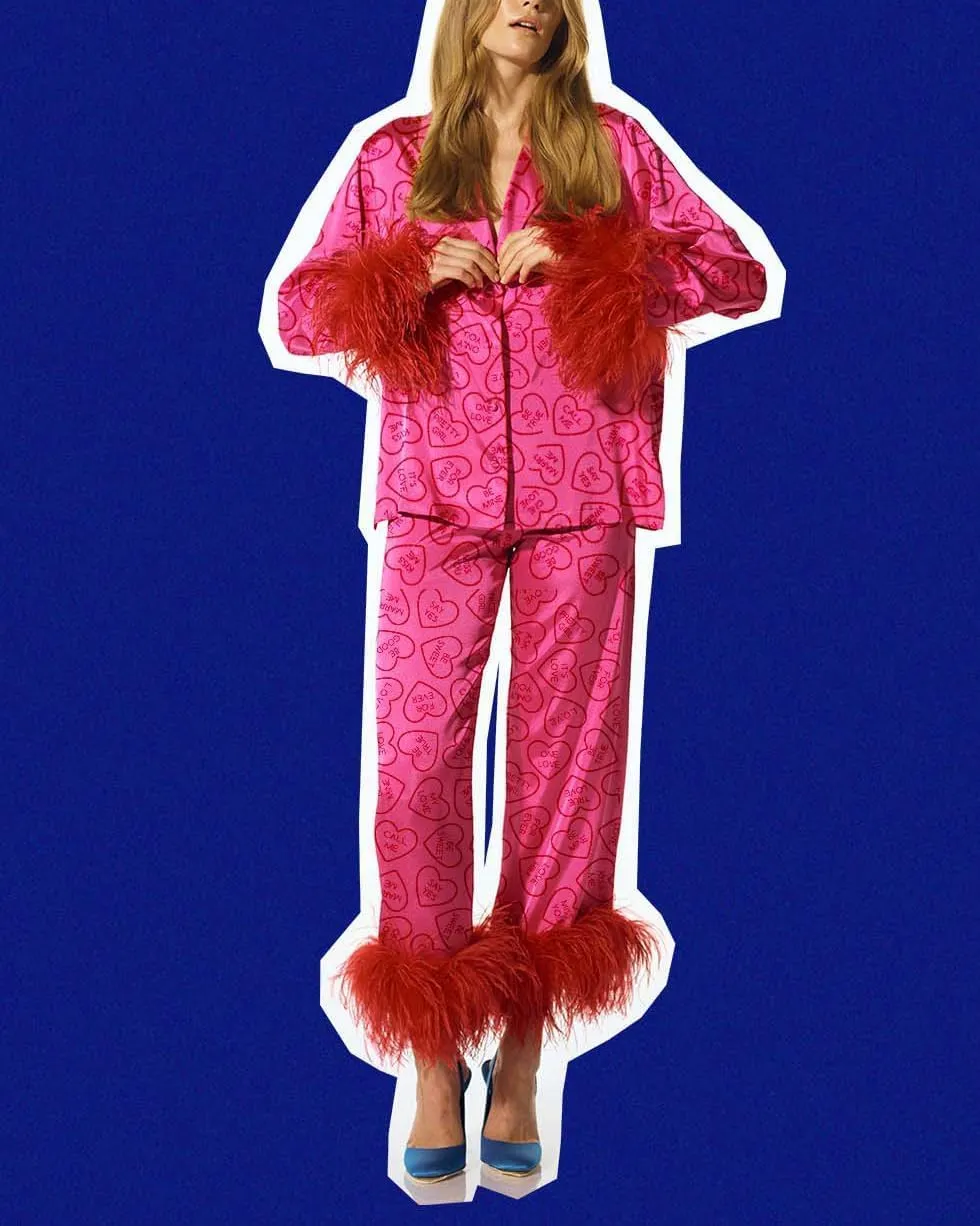 LILTWIST Feather Trim Pajamas for Women Silk Satin 2 Piece Cute Print Pjs with Fur Holiday Long Sleeve Shirt and Pj Pants Set