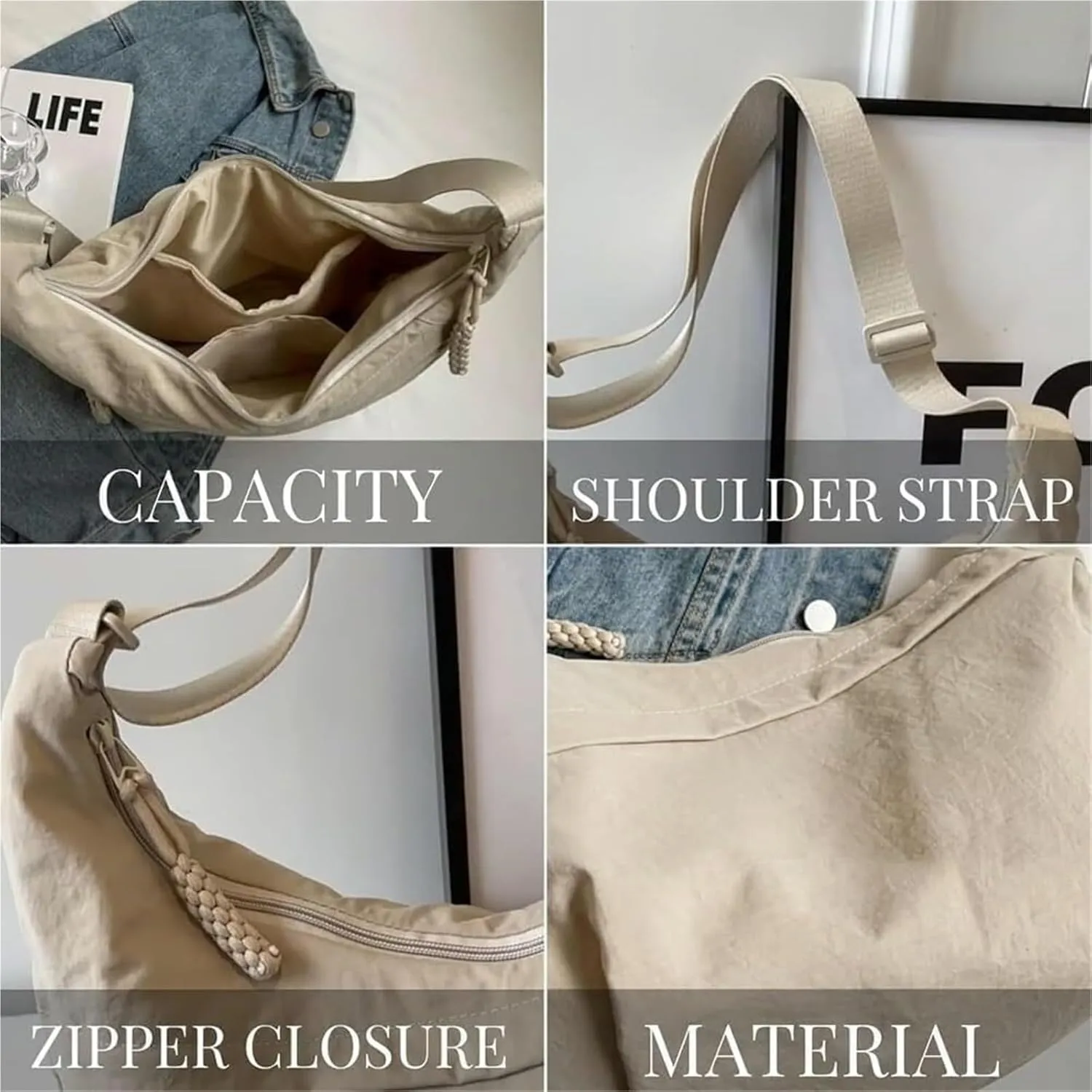 Limorence Crossbody Bag, Limorence Women's Fashion Plain Color Nylon Crossbody Hobo Bag