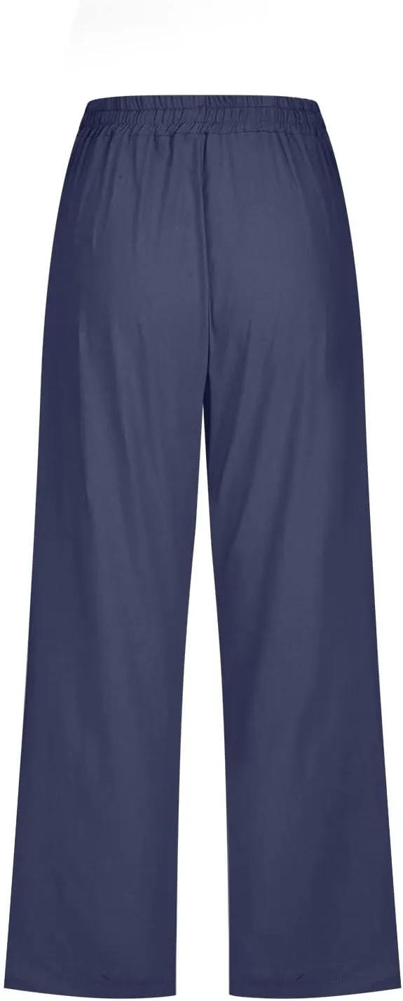 Linen Capri Pants for Women Summer Casual Wide Leg Beach Pants Elastic High Waist Drawstring Loose Cropped Trousers