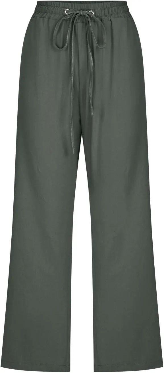 Linen Capri Pants for Women Summer Casual Wide Leg Beach Pants Elastic High Waist Drawstring Loose Cropped Trousers