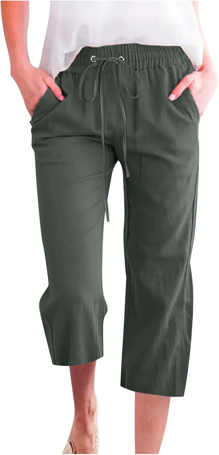 Linen Capri Pants for Women Summer Casual Wide Leg Beach Pants Elastic High Waist Drawstring Loose Cropped Trousers
